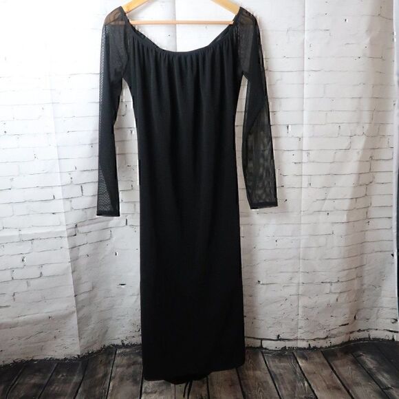 PRETTY LITTLE THING BLACK LONG SHEER SLEEVE DRESS ROUCHED DETAIL SIZE 12 NWT - Picture 7 of 10